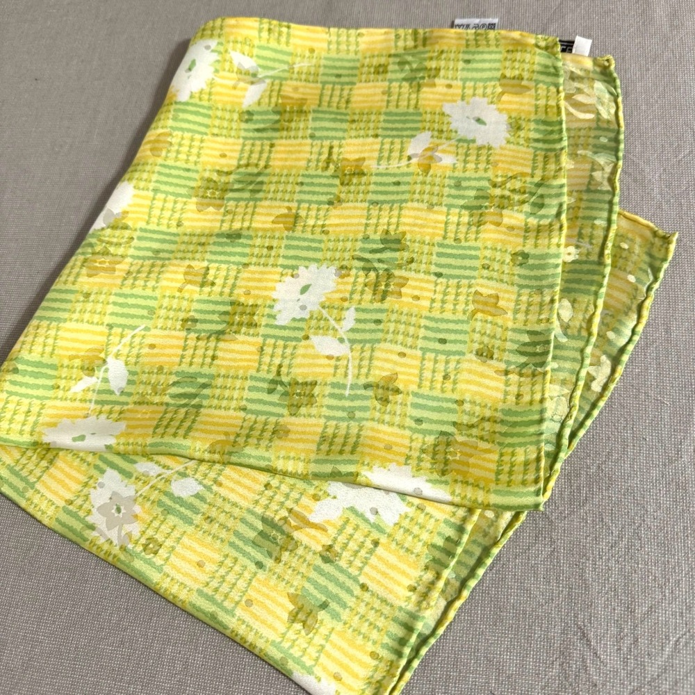 Carlisle Silk Scarf Yellow/Green Plaid White Flowers 20" Square